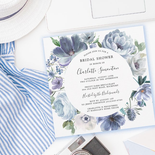 Dusty Blue Peony Floral Brautparty Square Einladung (Chic Summer Dusty Blue Bridal Shower Invitation)