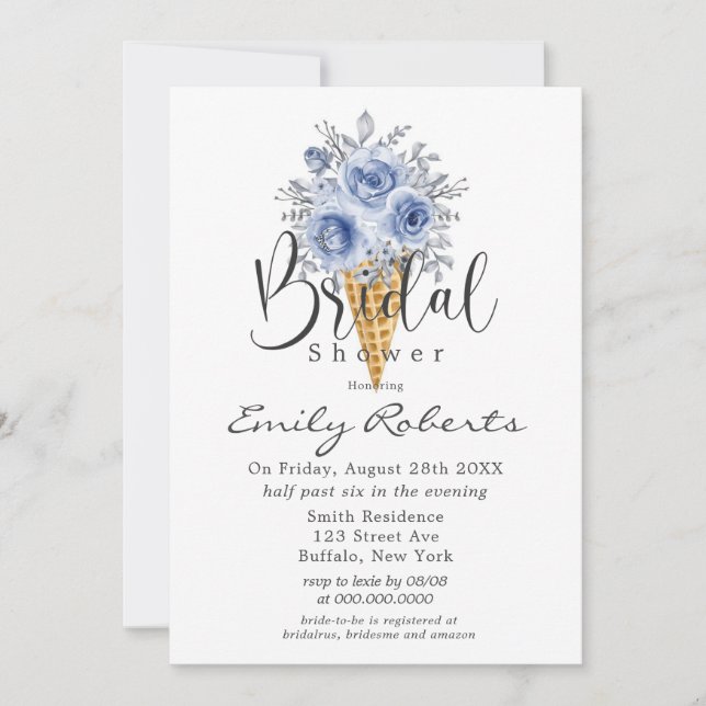 Dusty Blue Peony Ice Cream Cone Brautparty Invi Einladung (Vorderseite)