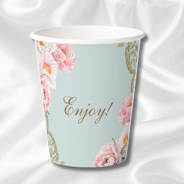 Dusty Blue Peony Rokoko Floral Baby Shower Pappbecher
