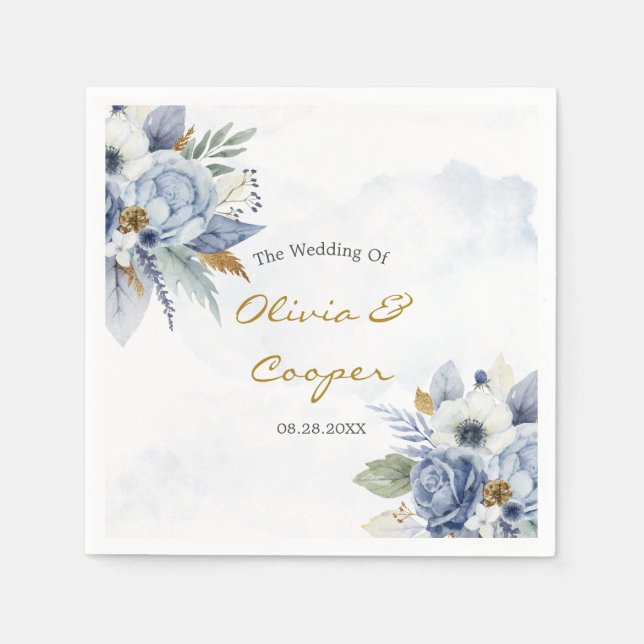 Dusty Blue Peony Rose Botanical Floral Wedding Na Serviette (Vorderseite)