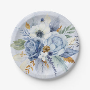 Dusty Blue Peony Rose Botanical Floral Wedding Pappteller