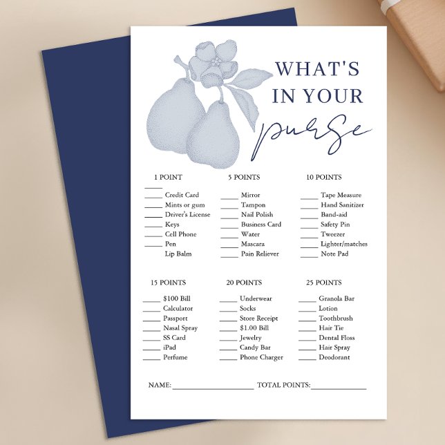 Dusty Blue Perfect Pear Brautparty Purgame (What's In Your Purse Bridal Shower Game)
