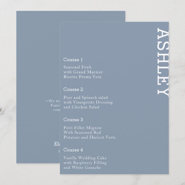 Dusty Blue Personalisiert Guest Name Wedding Menükarte (Vorne/Hinten)