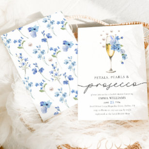 Dusty Blue Petals Pearls & Prosecco Brautparty Einladung