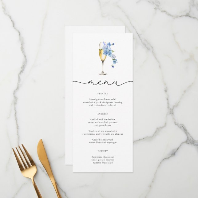 Dusty Blue Petals & Prosecco Wildblume Menu Cards Menükarte (Vorderseite/Rückseite Beispiel)