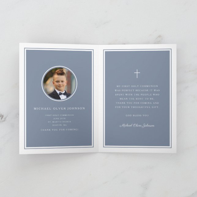 Dusty Blue Photo Boy First Communion Thank You Karte (Innenseite)
