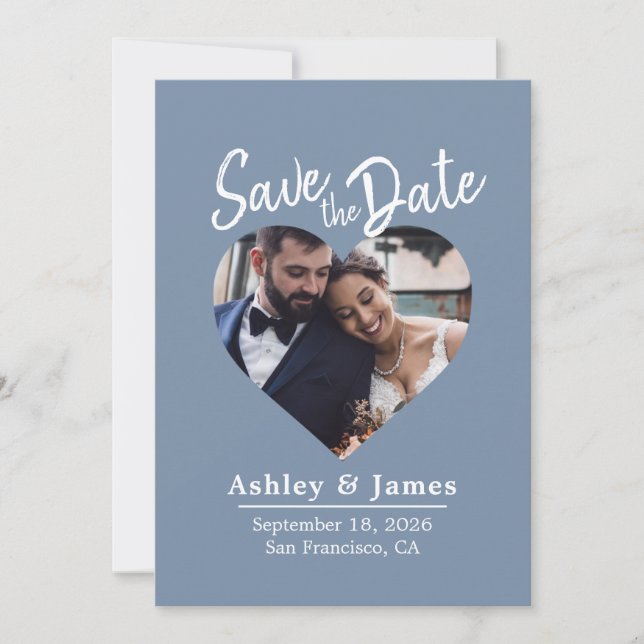 Dusty Blue Photo Modern Script Save the Date (Devant)