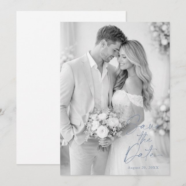 Dusty Blue Photo Save the Date Einladung (Vorne/Hinten)