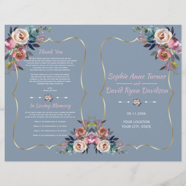 Dusty Blue Pink Blume Gold Wedding Program (Vorderseite)