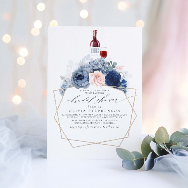 Dusty Blue Pink Blume Weinverkostung Brautparty Einladung (Wine Tasting Bridal Shower Invitations)