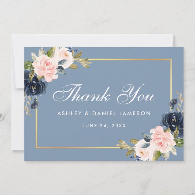 Dusty Blue Pink Blush Floral Gold Hochzeit Dankeskarte (Vorderseite)