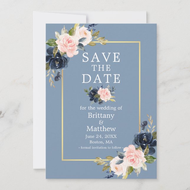Dusty Blue Pink Blush Floral Gold Save the Date (Vorderseite)