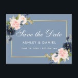 Dusty Blue Pink Blush Floral Gold Save the Date Ankündigungspostkarte<br><div class="desc">Moderne Elegante,  Aquarellfarben,  blaue Rosa Blütenblüte,  Goldrahmen Save the Date Verlobung Postkarte</div>