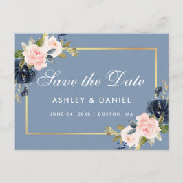 Dusty Blue Pink Blush Floral Gold Save the Date Ankündigungspostkarte