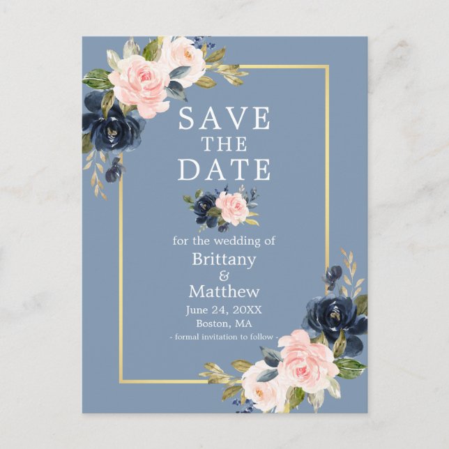 Dusty Blue Pink Blush Floral Gold Save the Date Postkarte (Vorderseite)