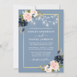 Dusty Blue Pink Blush Floral Jar Lights Wedding Einladung