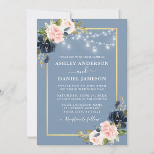 Dusty Blue Pink Blush Floral Jar Lights Wedding Einladung