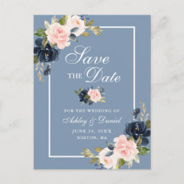 Dusty Blue Pink Blush Floral Save the Date Ankündigungspostkarte