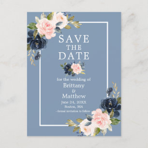 Dusty Blue Pink Blush Floral Save the Date Postkarte