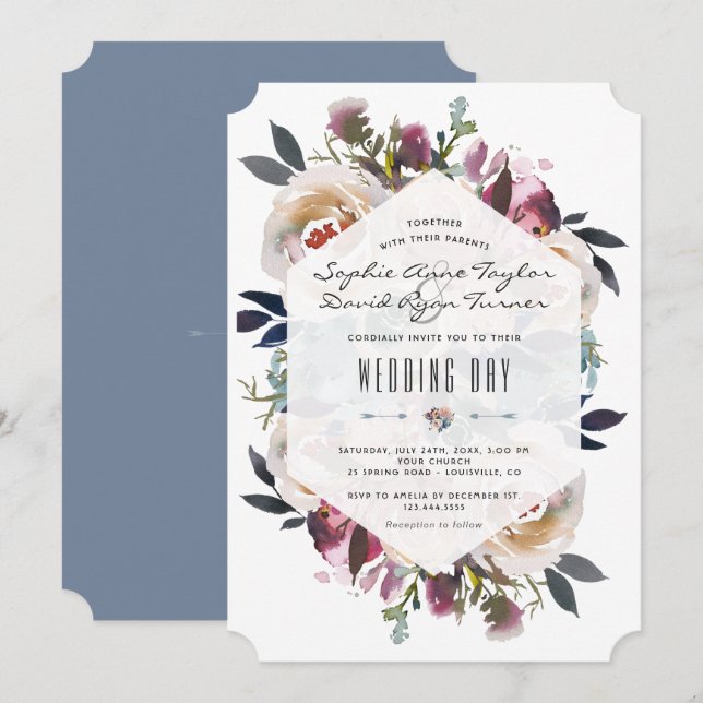 Dusty Blue Pink Floral Bouquet Geometric Wedding Einladung (Vorne/Hinten)