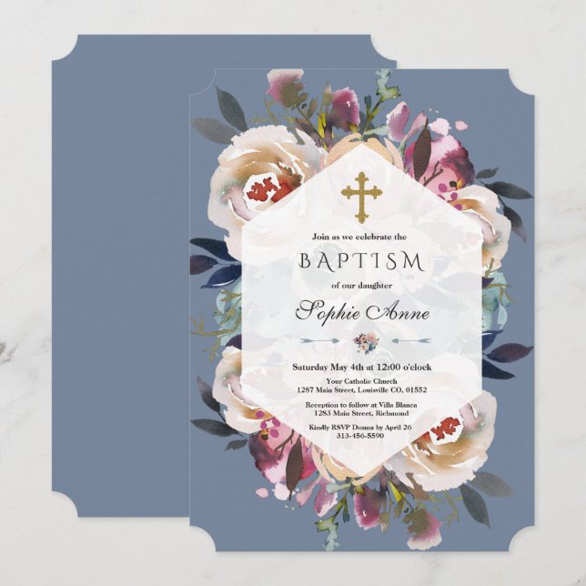 Dusty Blue Pink Floral Bouquet geometrische Taufe Einladung (Vorne/Hinten)