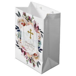 Dusty Blue Pink Floral Bouquet geometrische Taufe Mittlere Geschenktüte
