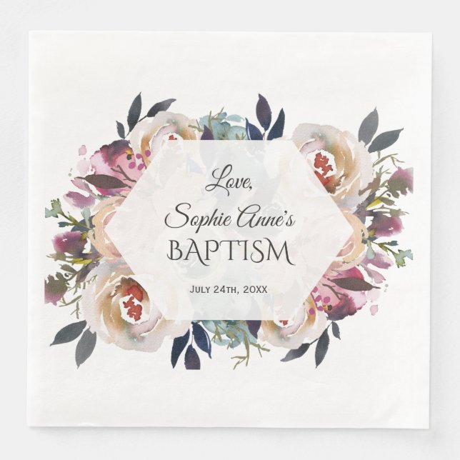 Dusty Blue Pink Floral Bouquet geometrische Taufe Serviette (Vorderseite)