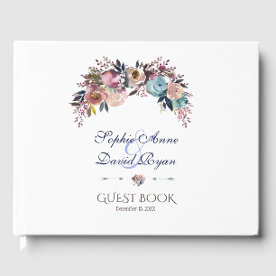 Dusty Blue Pink Floral Bouquet Wedding Gästebuch