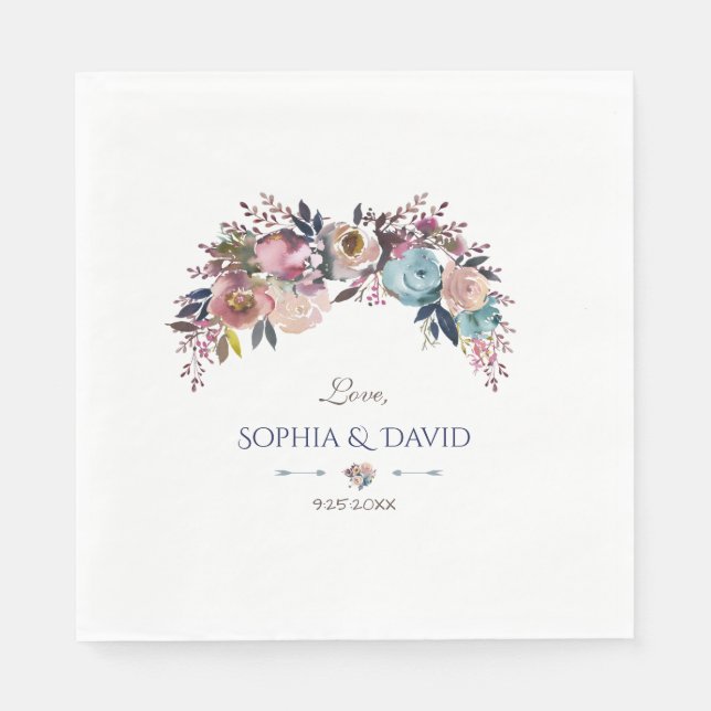 Dusty Blue Pink Floral Bouquet Wedding Serviette (Vorderseite)