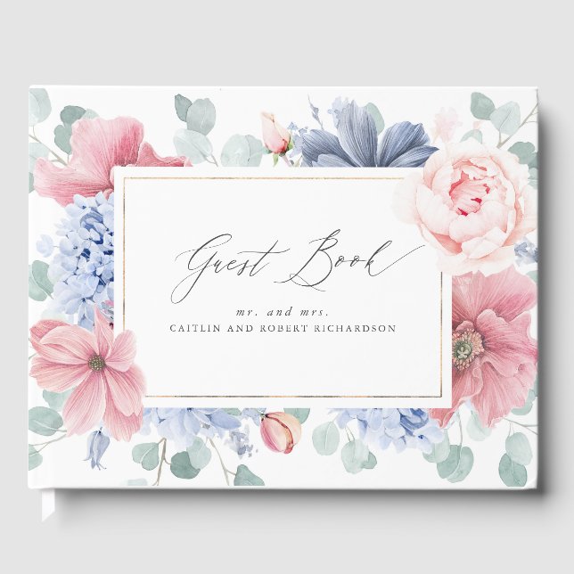 Dusty Blue Pink Floral Elegant Wedding Gästebuch (Vorderseite)