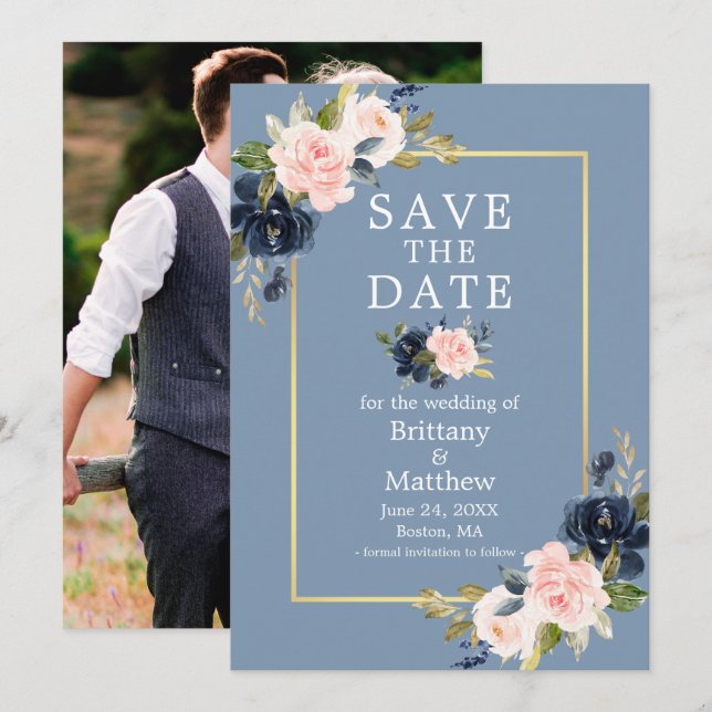 Dusty Blue Pink Floral Gold Foto Save the Date (Vorne/Hinten)
