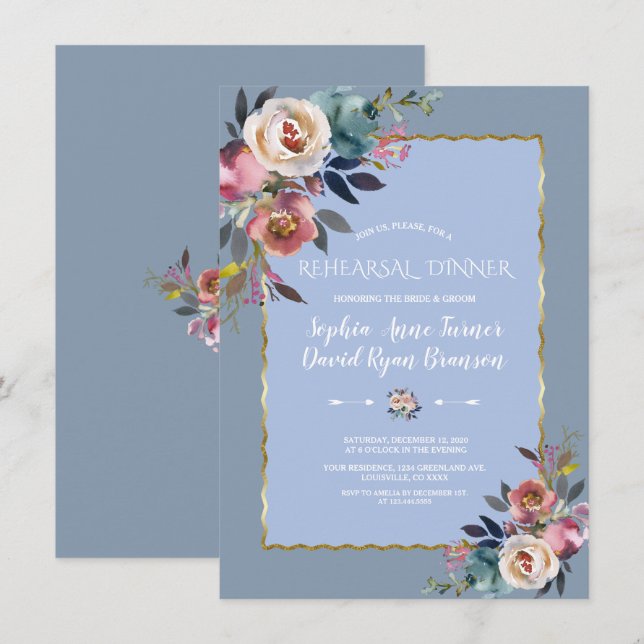 Dusty Blue Pink Floral Gold Frame Probe Dinner Einladung (Vorne/Hinten)