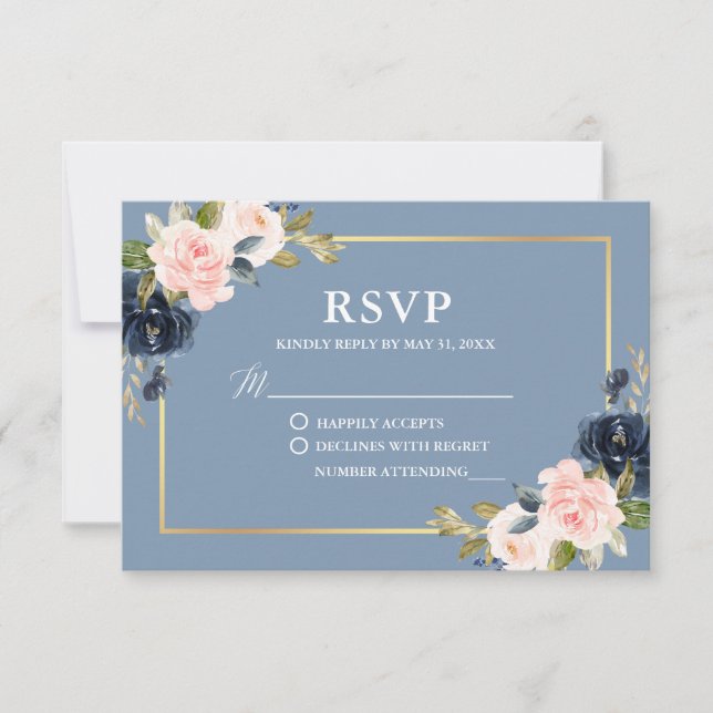 Dusty Blue Pink Floral Gold Frame Wedding RSVP Karte (Vorderseite)