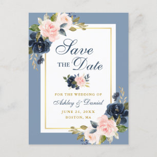Dusty Blue Pink Floral Gold Save the Date Ankündigungspostkarte