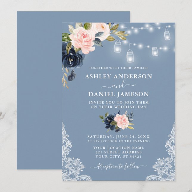 Dusty Blue Pink Floral Jar Lights Lace Wedding Einladung (Vorne/Hinten)