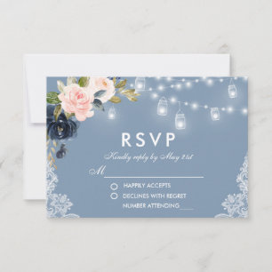 Dusty Blue Pink Floral Lights Wedding RSVP Karte