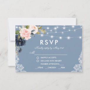 Dusty Blue Pink Floral Lights Wedding RSVP Karte