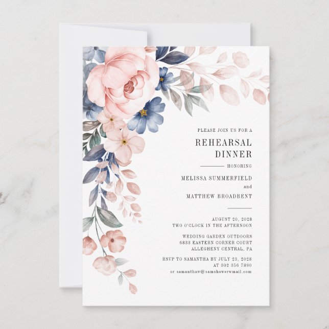 Dusty Blue Pink Floral Probe Abendessen Einladung (Vorderseite)