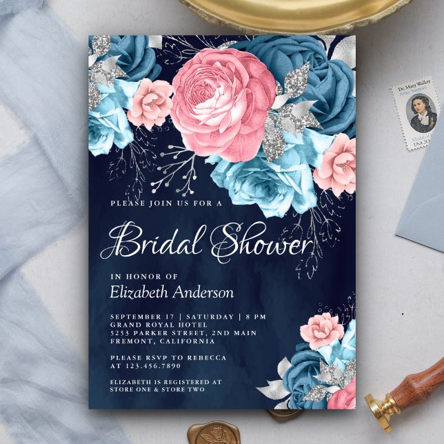 Dusty Blue Pink Floral Rose Navy Brautparty Einladung (Von Creator hochgeladen)