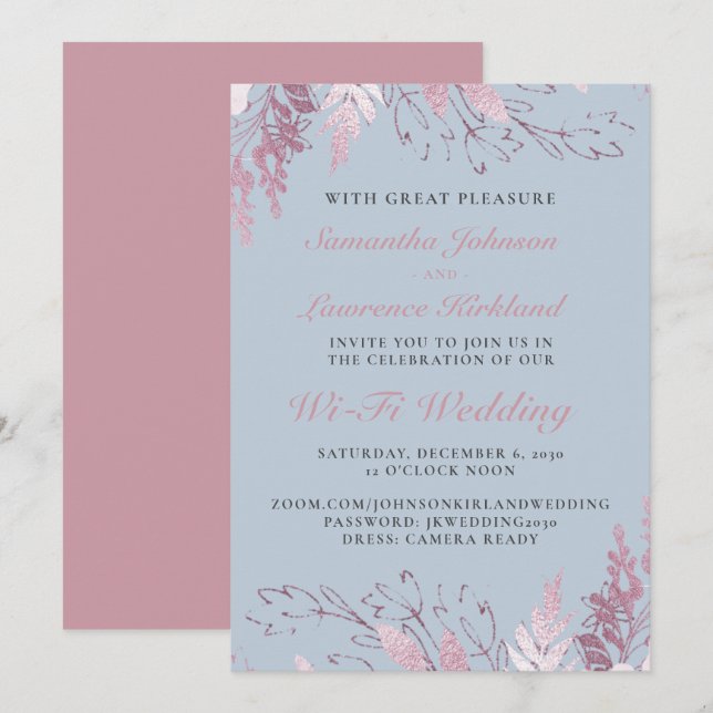 Dusty Blue Pink Floral Virtual Wedding Einladung (Vorne/Hinten)
