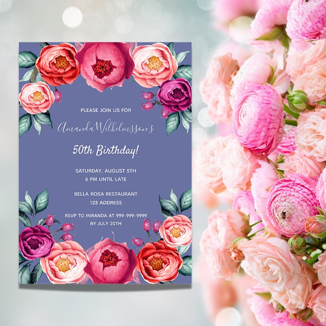 Dusty Blue Pink Florals Luxus Geburtstag Einladung (Von Creator hochgeladen)