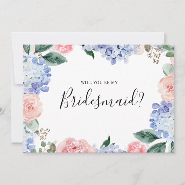 Dusty Blue Pink hydrangeas Bridesmaid Vorschlag Einladung (Vorderseite)