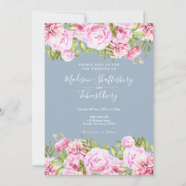 Dusty Blue Pink Peony Greenery Floral Wedding Einladung