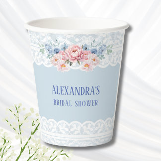 Dusty Blue Pink Peony Romantic Lace Brautparty Pappbecher