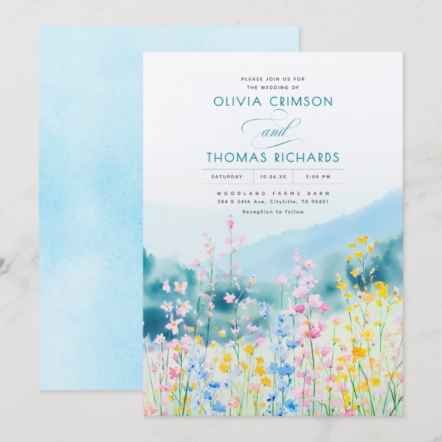 Dusty Blue Pink und Yellow Wildblumen Hochzeit Einladung (Vorne/Hinten)