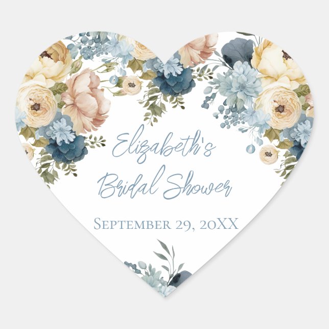 Dusty Blue Pink White Floral Brautparty Herz-Aufkleber (Vorderseite)