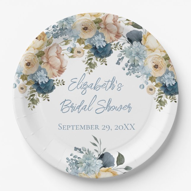 Dusty Blue Pink White Floral Brautparty Pappteller (Vorderseite)