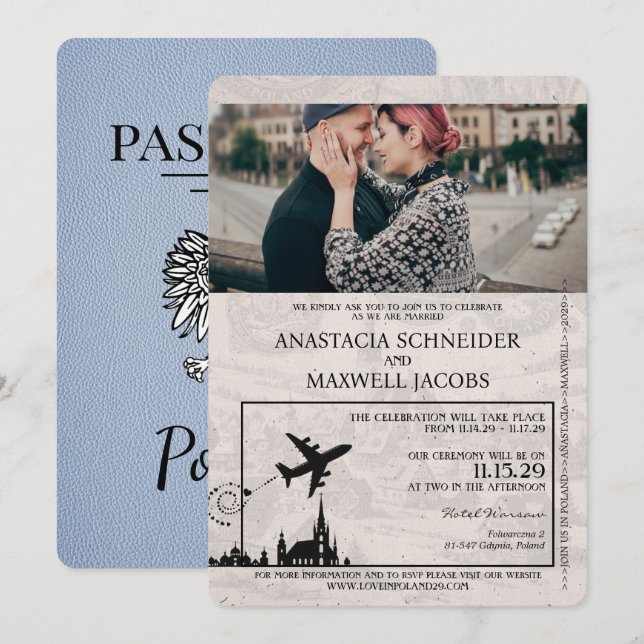 Dusty Blue Poland Passport Hochzeitseinladung Einladung (Vorne/Hinten)