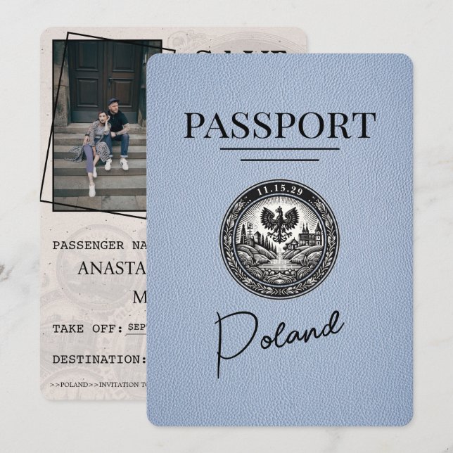 Dusty Blue Poland Passport Save the Date (Vorne/Hinten)