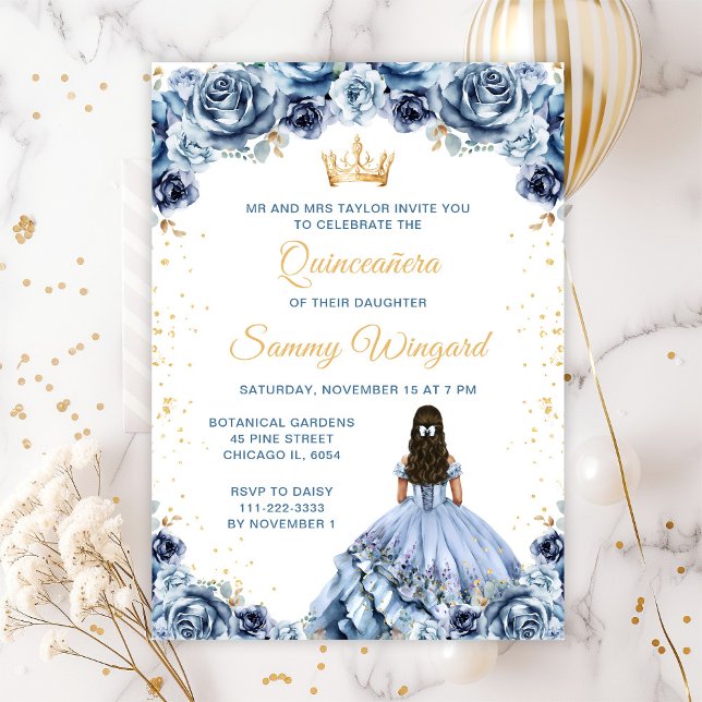 Dusty Blue Princess Floral Quinceañera Einladung (Von Creator hochgeladen)